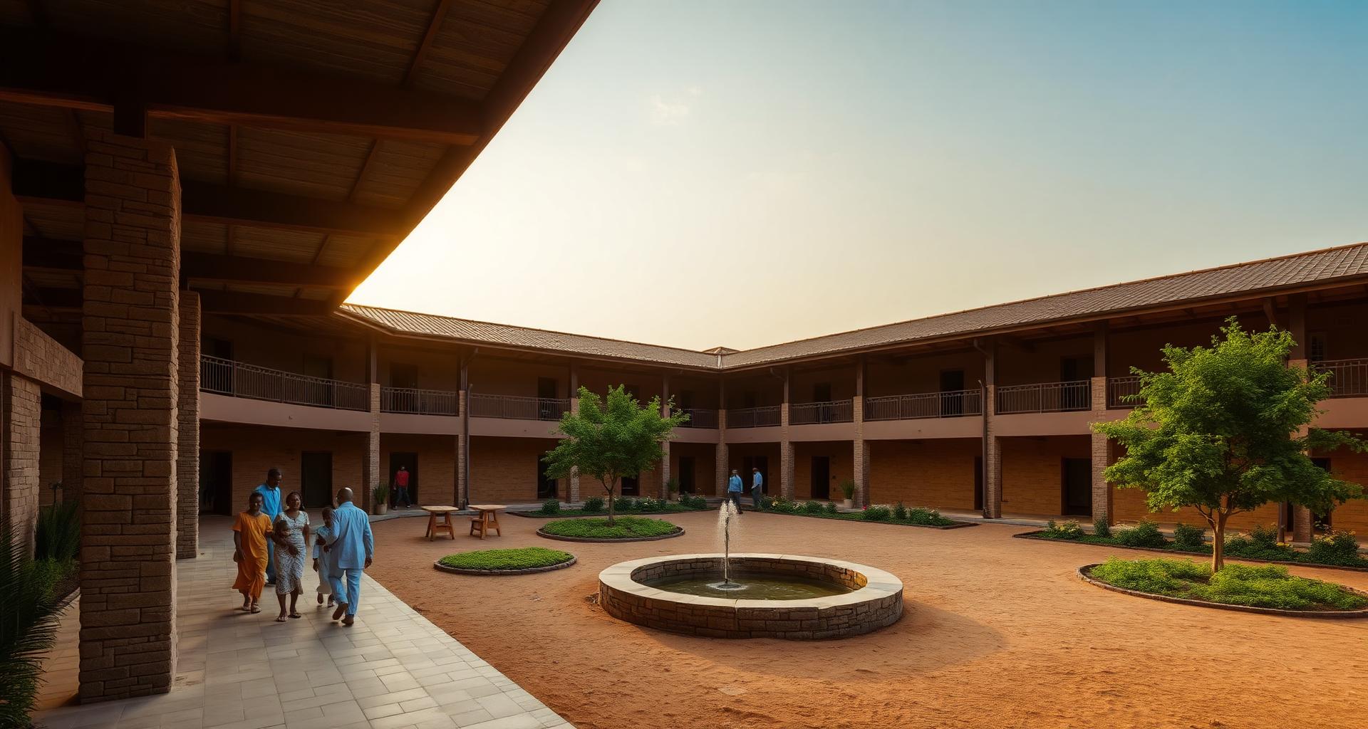 Families gathered in a warm modern African courtyard at golden hour